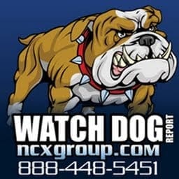 Illustration of a vigilant bulldog with a spiked collar over “WATCH DOG REPORT,” ncxgroup.com, and phone, conveying impartial cyber risk oversight.