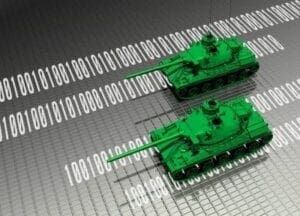 Two green tanks on a grid marked with binary code symbolize the intersection of military strategy and proven, independent cyber risk diligence.