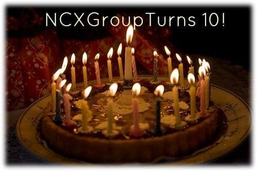 A birthday cake with many lit candles and "NCXGroupTurns10!" above it, highlighting a decade of independent cyber risk diligence.