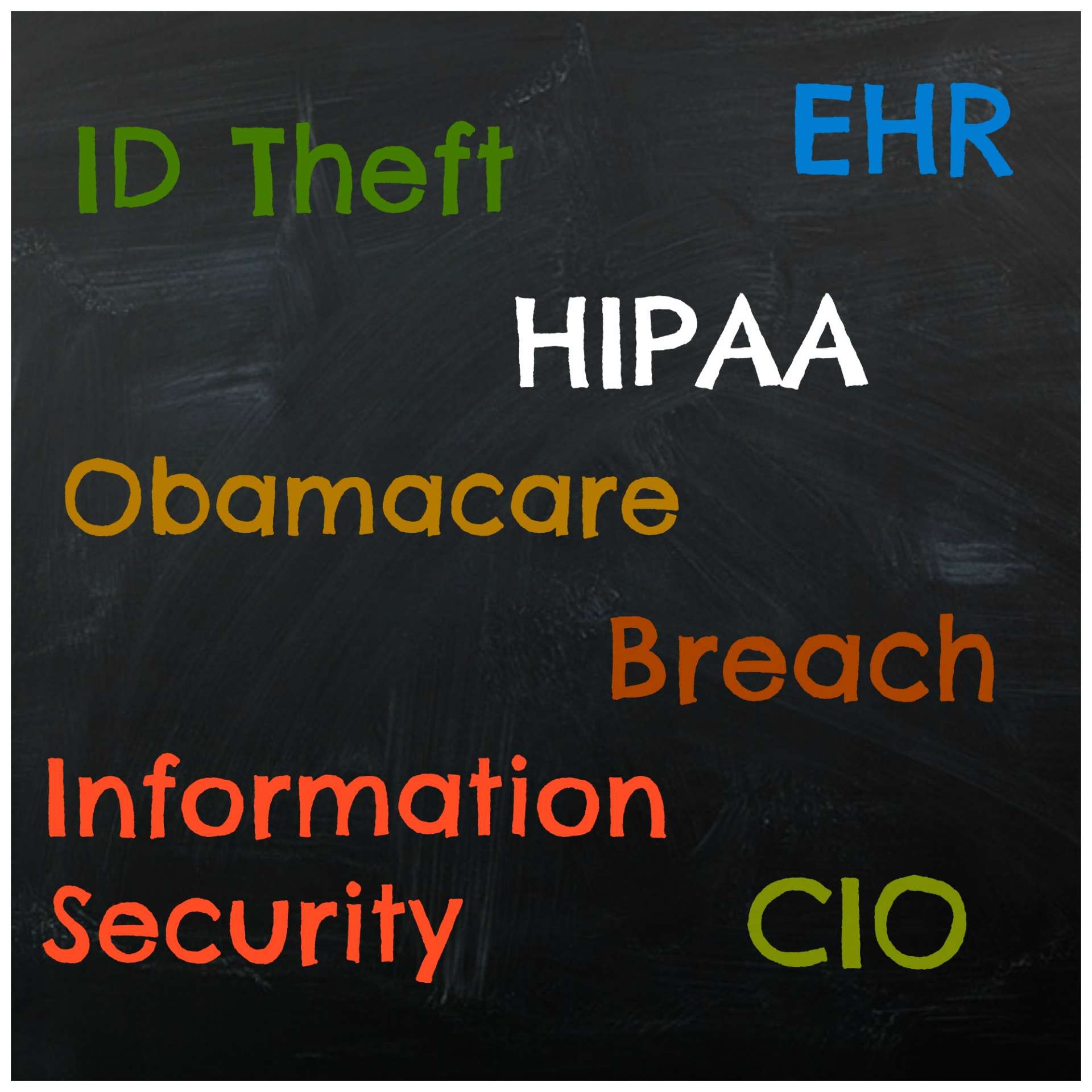 A blackboard shows key terms—ID Theft, EHR, HIPAA, Breach, Information Security—reflecting core cyber risk diligence areas.