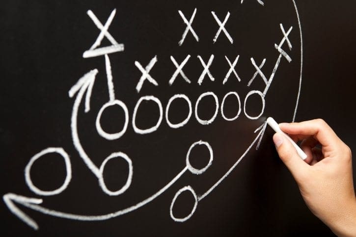 A steady hand diagrams football plays on a chalkboard—X’s, O’s, and arrows clarify strategic roles, echoing risk diligence planning.