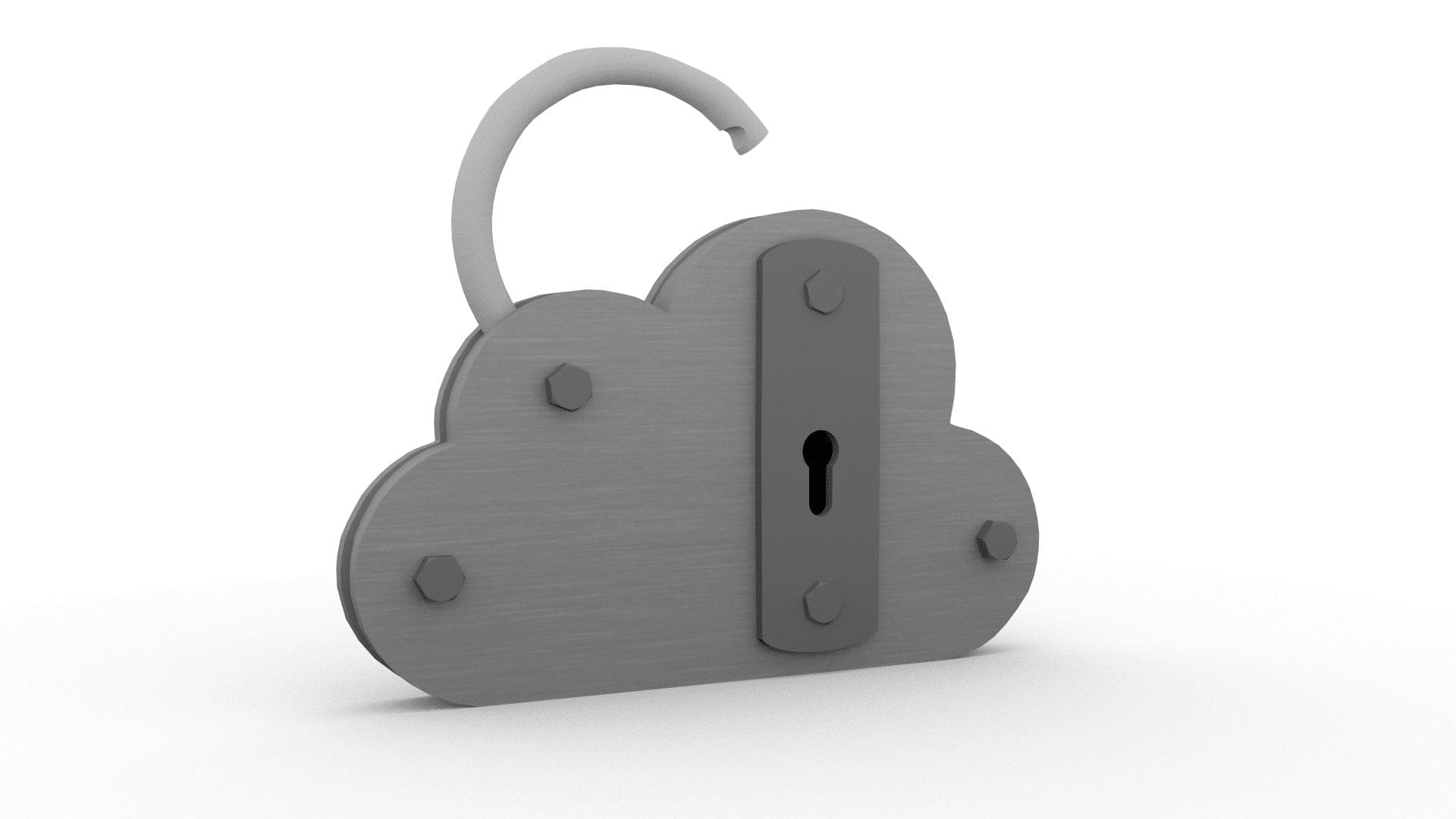 A metal, cloud-shaped padlock with an open shackle and keyhole illustrates real risks and exposures in data security for both buy- and sell-side. Plain white background.
