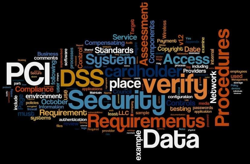 Word cloud showing terms like PCI, DSS, security, and data, reflecting key controls in cyber risk and compliance decision-making.
