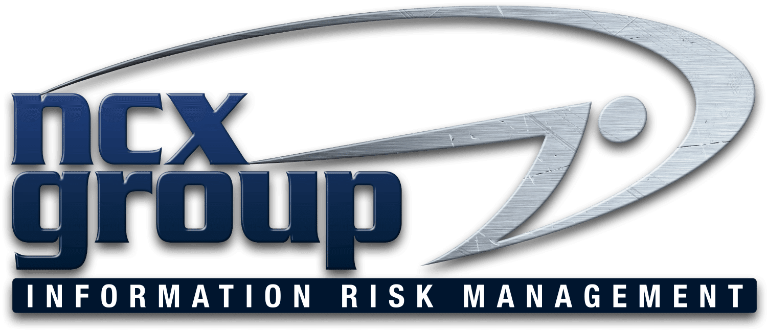 NCX Group logo: bold blue text, metallic swoosh. Below, dark blue bar—white text: INFORMATION RISK MANAGEMENT. Focus on proven third-party cyber risk validation and advisory for business decision-making.