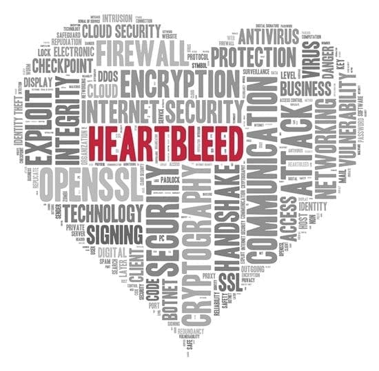 A heart-shaped word cloud highlights key cybersecurity risks. “HEARTBLEED” is central, with terms like ENCRYPTION and SECURITY.
