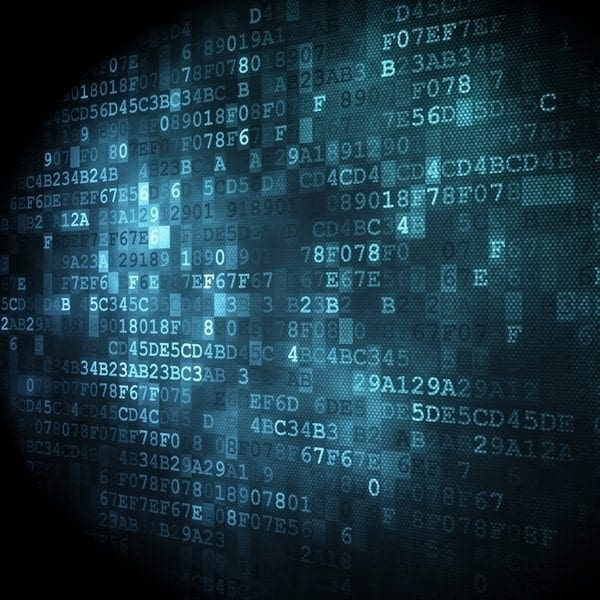 A dark digital background with blue alphanumeric and hex code, spotlighting key data to underscore rigorous, defensible cyber risk review.