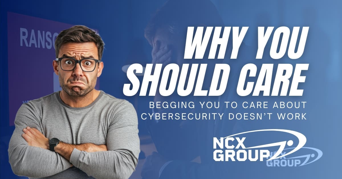 Person discussing why care about cybersecurity with NCX Group branding
