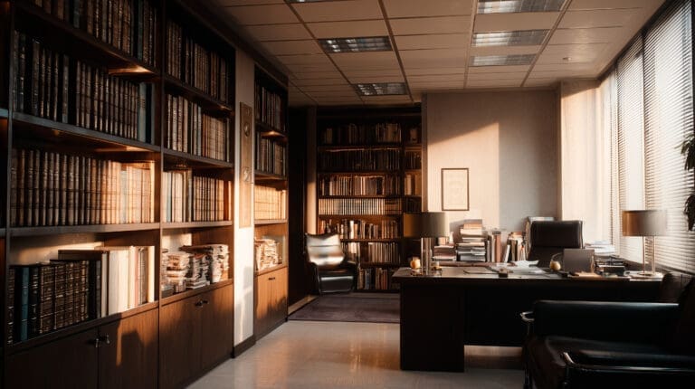 A sunlit office with shelves of books, stacks of papers, and a document-laden desk reflects a space built for resilience.