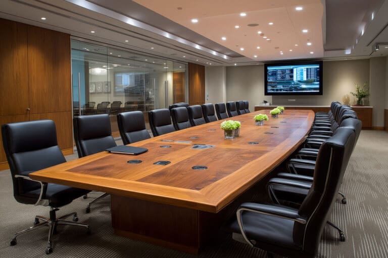 A modern boardroom with a long wooden conference table, black leather chairs, small green plants as centerpieces, and a large screen displaying Cyber Risk and Valuation charts. The well-lit room features glass walls for an open, professional atmosphere.