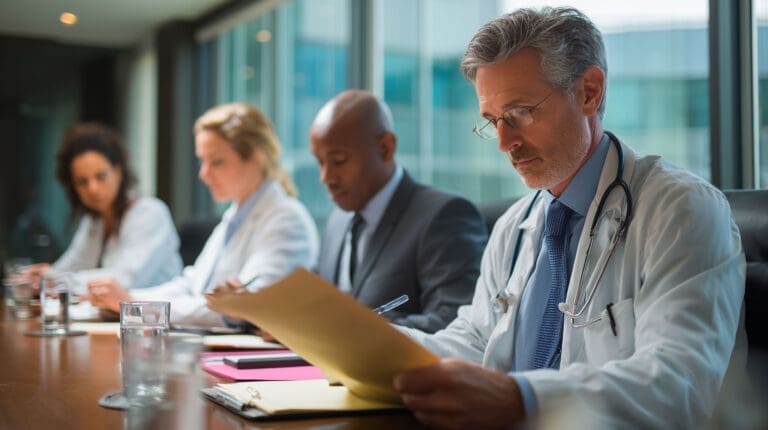 A team of healthcare and business professionals reviews documents at a conference table, assessing cyber risk exposure and safeguards.