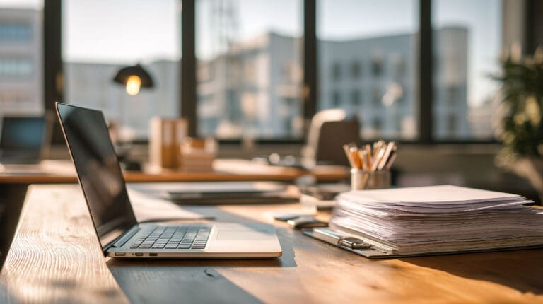 Modern office desk with open laptop, clipboard stack, pen holder, and sunlight—an environment suited to informed cyber risk management.