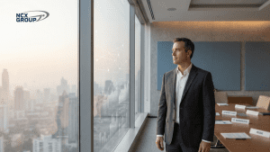 A business leader reviews folders marked OPERATIONS, IT SERVICES, RISK by a city-view window. NCX Group logo signals trusted oversight.