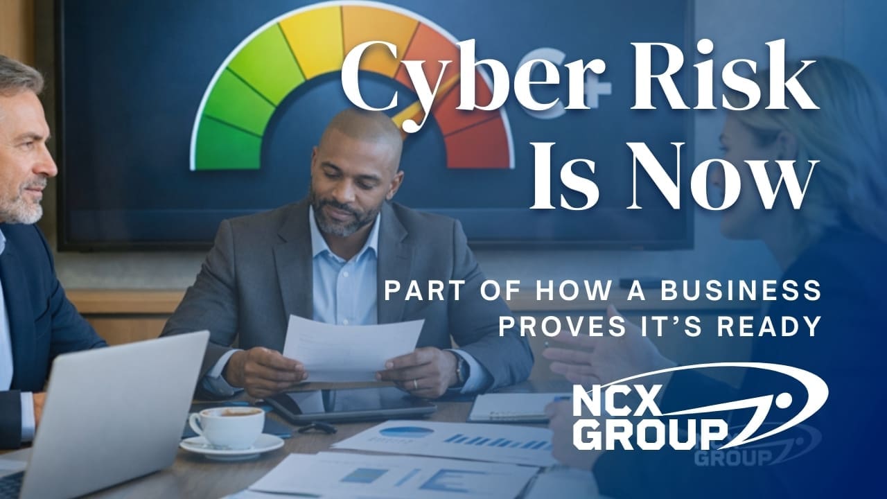 Three professionals review documents at a table as a cyber risk meter appears behind them. Text: Cyber Risk Is Now. Proof drives readiness. NCX Group.