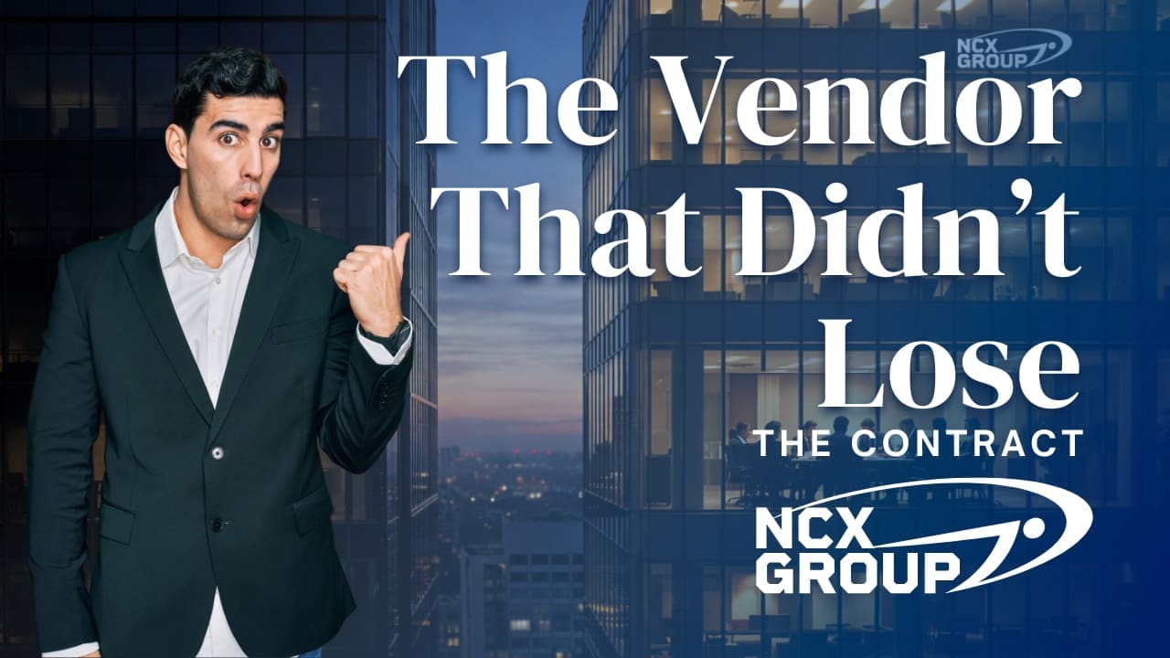 A business professional gestures toward text stating “The Vendor That Didn’t Lose The Contract”; NCX Group logo at right, dusk cityscape.