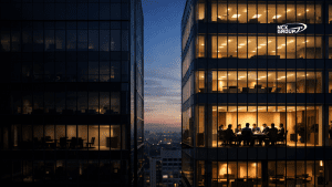In a luminous office at night, leaders meet under the NCX Group logo—clear decisions amid darkened suites and city lights.